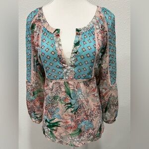 LOVE FIRE Boho Floral Sheer Hi Lo Top EUC